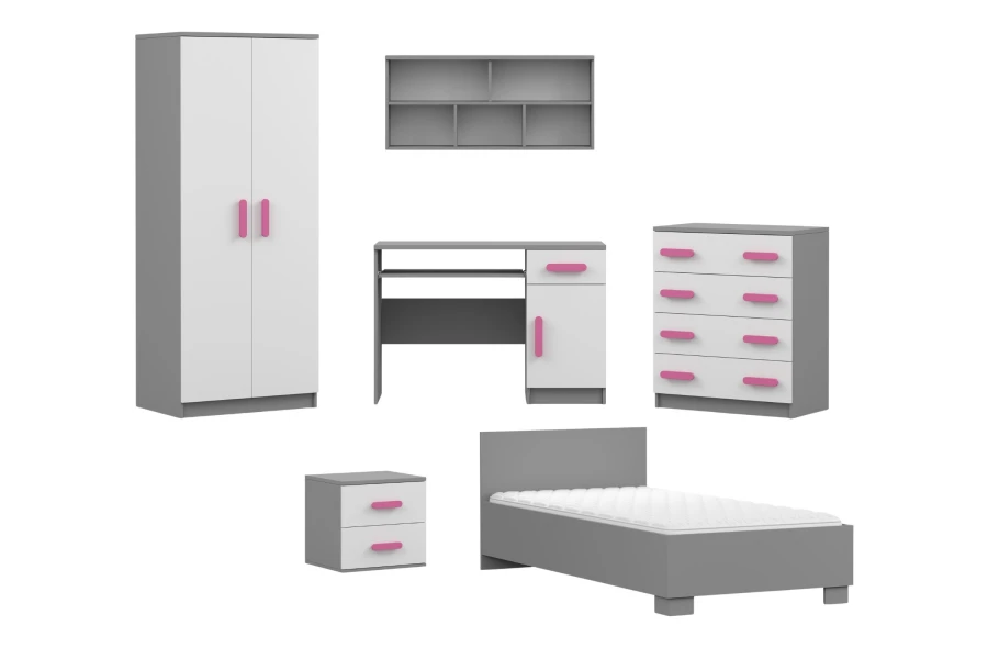 Kinderzimmermöbel-Set in Grau und Weiß mit rosa Griffen: Bett, Schrank, Schreibtisch und Kommode.