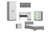 Jugendzimmer-Möbelset in Grau und Weiß mit grünen Griffen: Kleiderschrank, Bett, Schreibtisch und Regal.