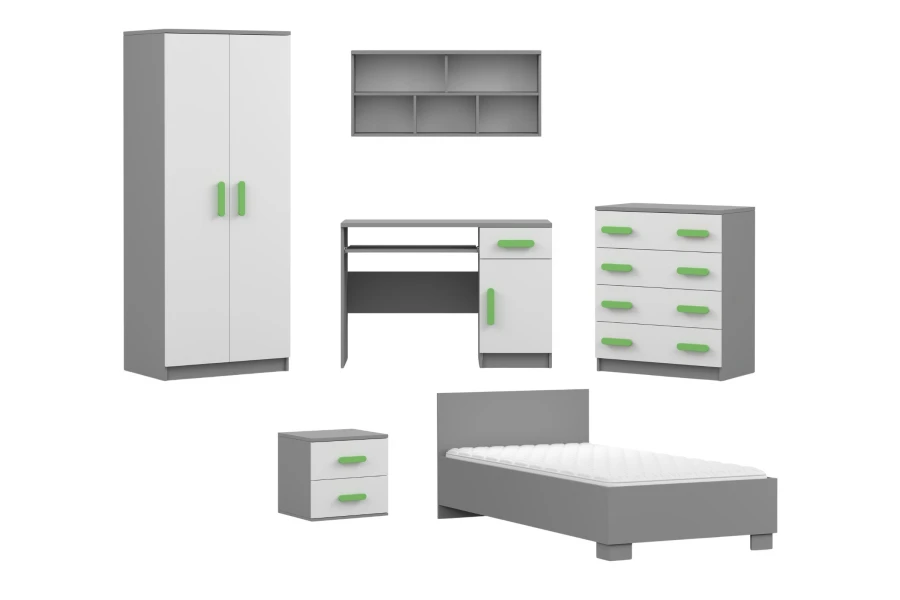 Jugendzimmer-Möbelset in Grau und Weiß mit grünen Griffen: Kleiderschrank, Bett, Schreibtisch und Regal.
