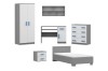 Möbel-Set für Jugendzimmer in Grau-Weiß mit blauen Akzenten: Schrank, Schreibtisch, Kommode und Bett.