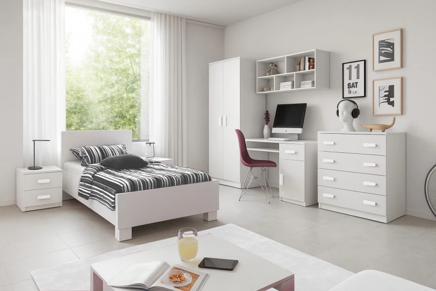 Komplettes Jugendzimmer-Set in Weiß: Bett, Schrank und Schreibtisch für ein modernes, helles Zimmer.