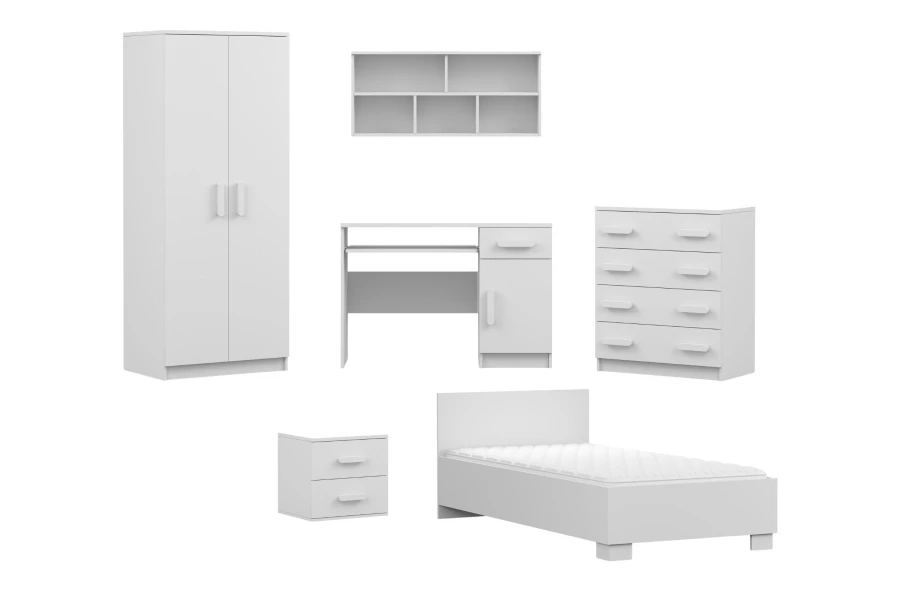 Weiße Jugendmöbel in der Übersicht: Bett, Kleiderschrank, Schreibtisch und Kommoden auf weißem Grund.