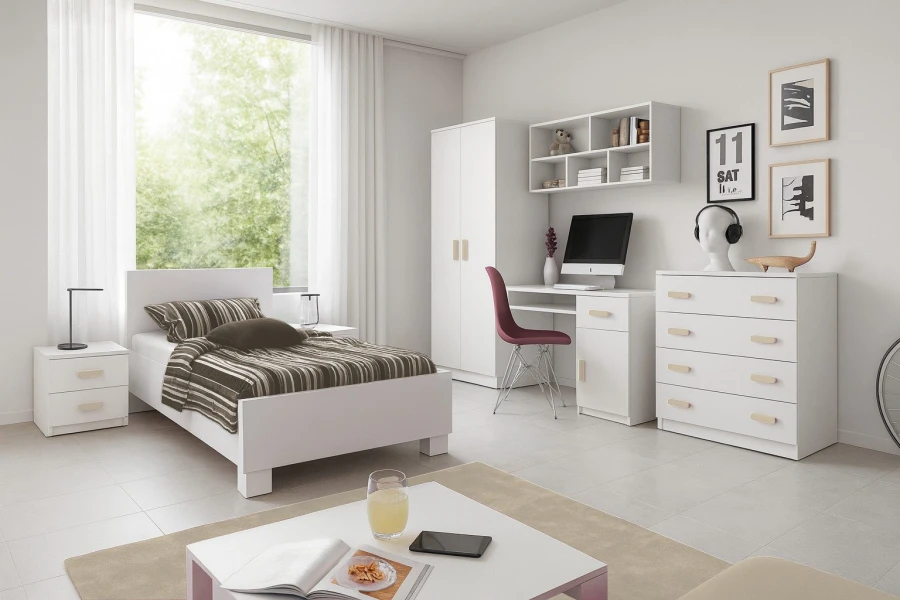 Weißes Jugendzimmer-Set mit Griffen in Holzoptik: Bett, Schreibtisch, Kleiderschrank und Kommode.