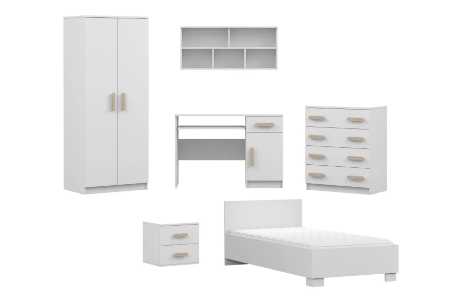 Weißes Kinderzimmer-Möbelset mit Eiche-Griffen: Schrank, Bett, Schreibtisch, Kommode und Regal.