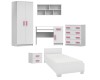 Kinderzimmer-Möbelset 6-teilig in Weiß mit rosa Griffen: Bett, Schrank, Schreibtisch und Kommode.
