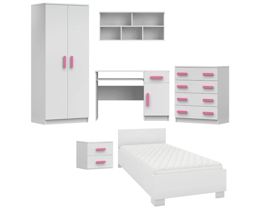 Kinderzimmer-Möbelset 6-teilig in Weiß mit rosa Griffen: Bett, Schrank, Schreibtisch und Kommode.