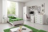 Komplettes Jugendzimmer-Set in Weiß mit grünen Akzenten: Bett, Schreibtisch, Schrank und Teppich.