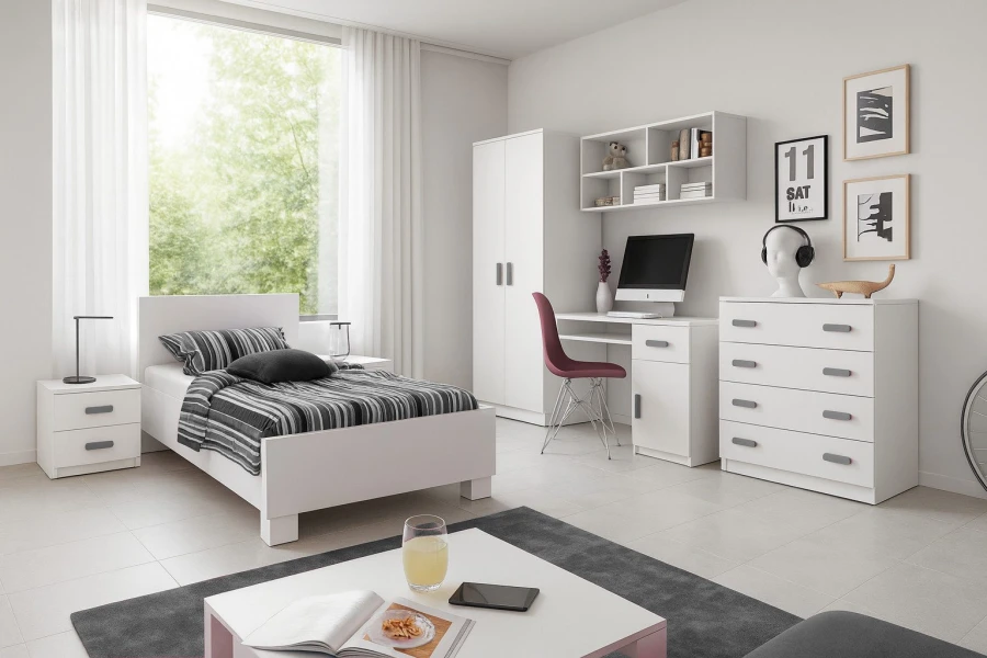 Modernes weißes Jugendzimmer-Set mit Bett, Schreibtisch und Kleiderschrank für Teenager.