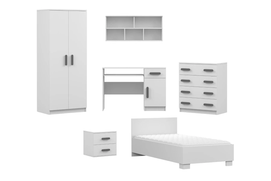 6-teiliges Kinderzimmer Möbelset in Weiß inklusive Bett, Kleiderschrank und Schreibtisch.