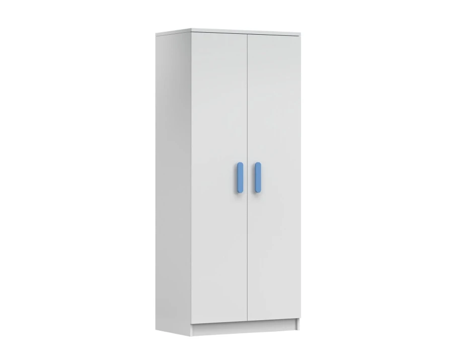 Weißer zweitüriger Kleiderschrank mit hellblauen Griffen im minimalistischen Design.
