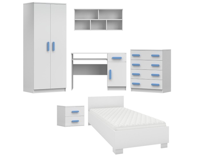 Weißes Kinderzimmer-Set mit blauen Griffen: Schrank, Bett, Schreibtisch und Kommode im Überblick.