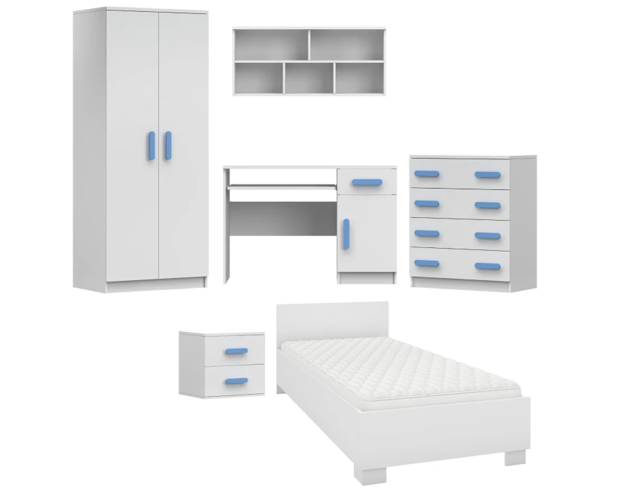 Weißes Kinderzimmer-Set mit blauen Griffen: Schrank, Bett, Schreibtisch und Kommode im Überblick.
