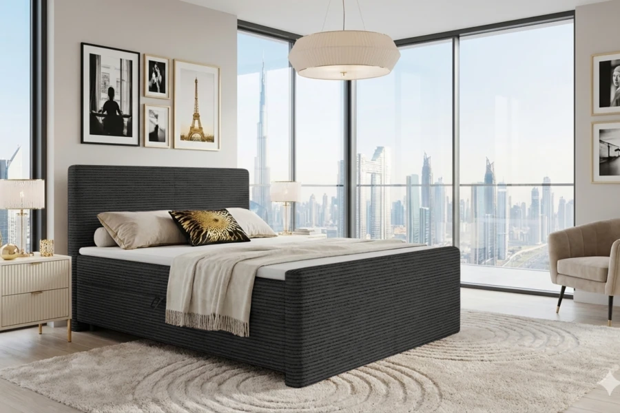Donkergrijs boxspringbed MIDI in een luxueuze slaapkamer met uitzicht op de skyline.