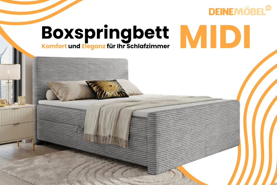 Produktbanner für das Boxspringbett MIDI: Komfort und Eleganz für das Schlafzimmer.