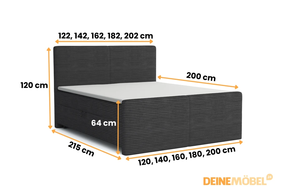 Übersicht der Maße und verfügbaren Größen für das graue Boxspringbett MIDI.
