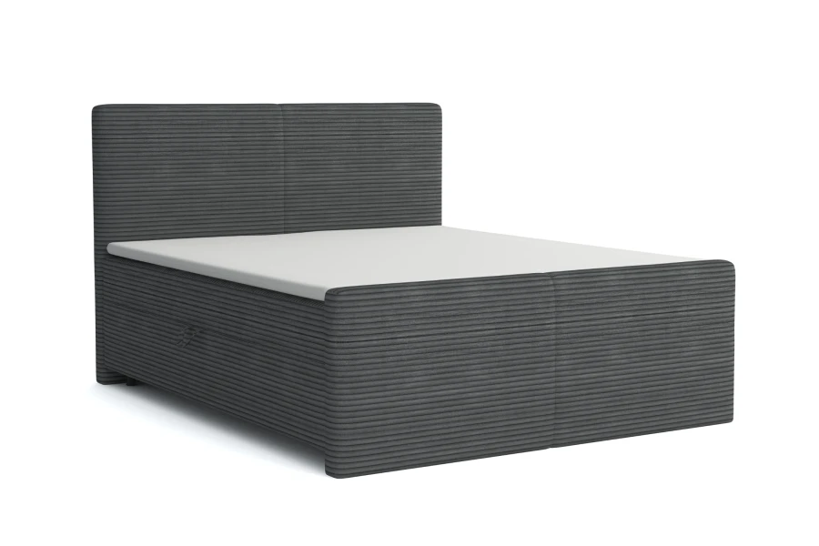 Grijs boxspringbed MIDI met bekleding in ribbelstructuur, geïsoleerd op een witte achtergrond.