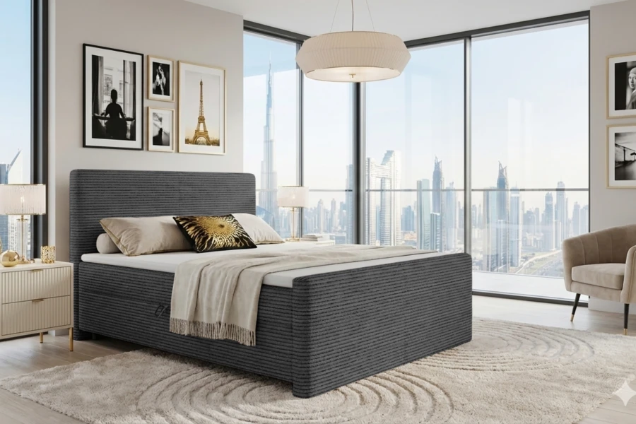 Luxuriöses Schlafzimmer mit grauem Boxspringbett MIDI vor einer modernen Stadtkulisse.