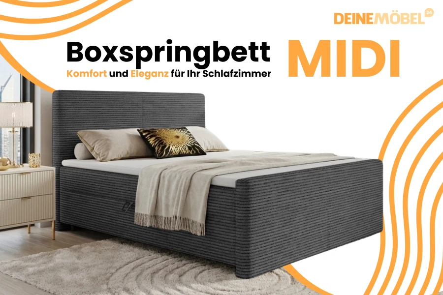 Advertentiegrafiek: Boxspringbed MIDI van JOUWMEUBELS24 – Comfort en elegantie voor de slaapkamer.