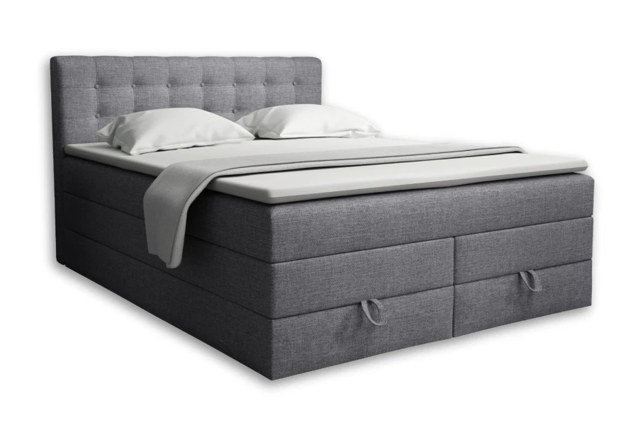 Modernes Boxspringbett Verno in Hellgrau mit gestepptem Kopfteil vor weißem Hintergrund.