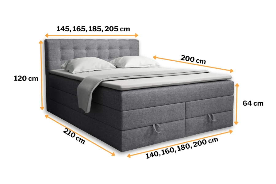 Detaillierte Maße und Abmessungen für das Boxspringbett Verno inklusive Liegehöhe und Kopfteilhöhe.