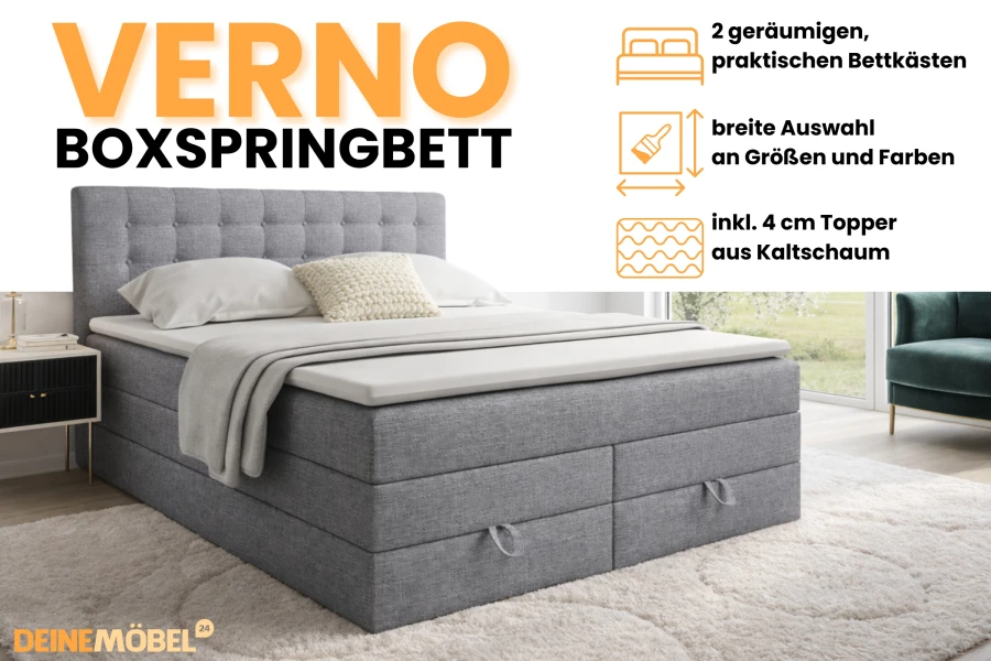 Graues Verno Boxspringbett mit zwei Bettkästen und 4 cm Kaltschaum-Topper im modernen Schlafzimmer.
