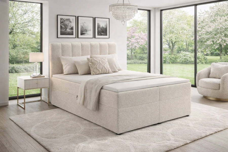 Crèmekleurig boxspringbed Vincent met gezellige bouclé-bekleding