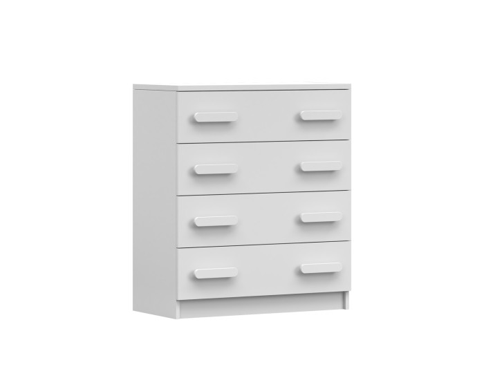 White chest of drawers with 4 drawers and rounded handles, minimalist design.