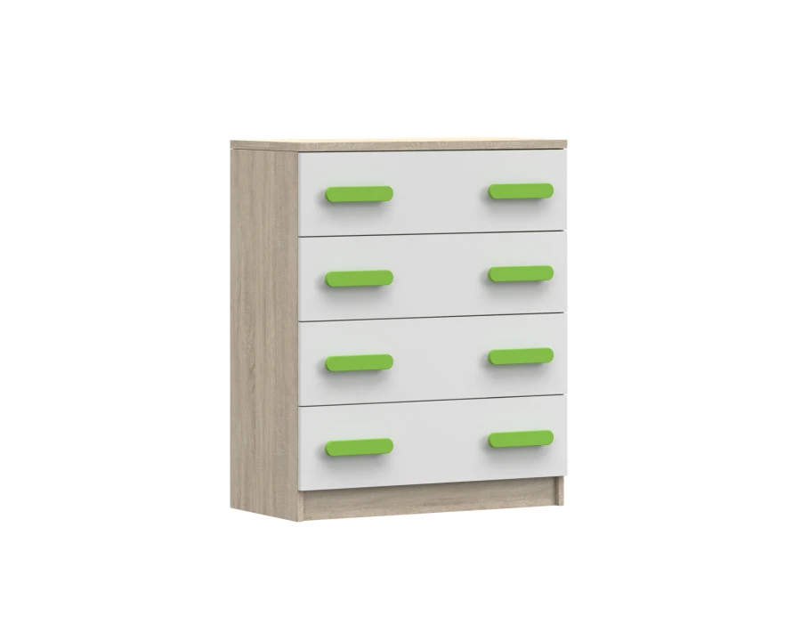 Helle Holzkommode mit 4 weißen Schubladen und grünen Griffen