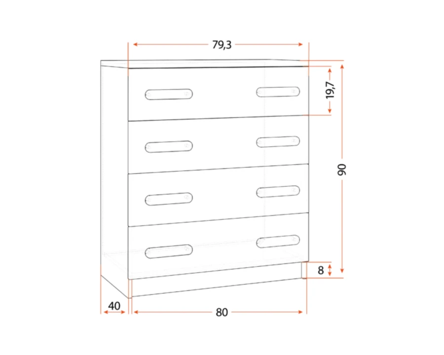 Technische Zeichnung mit Maßen einer weißen Kommode mit 4 Schubladen: 80x90x40 cm.