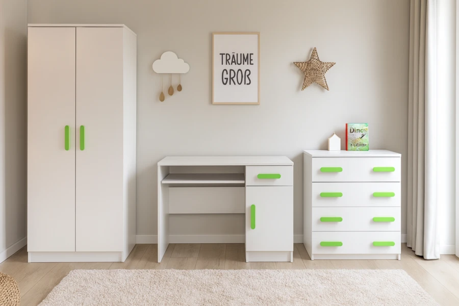 Komplettes Kinderzimmer-Set in Weiß mit grünen Akzenten bestehend aus Schrank, Schreibtisch und Kommode.