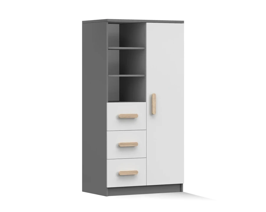 Moderner Kleiderschrank in Grau und Weiß mit Griffen in natürlicher Eichenholz-Optik.