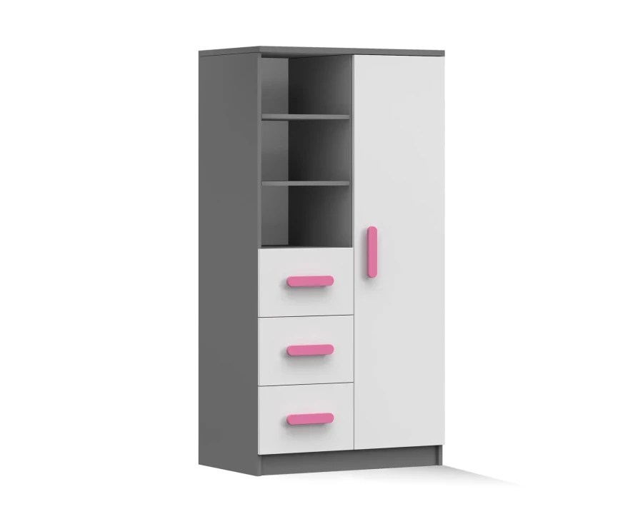 Kleiderschrank grau-weiß mit Regalfächern, Schubladen und rosa Griffen