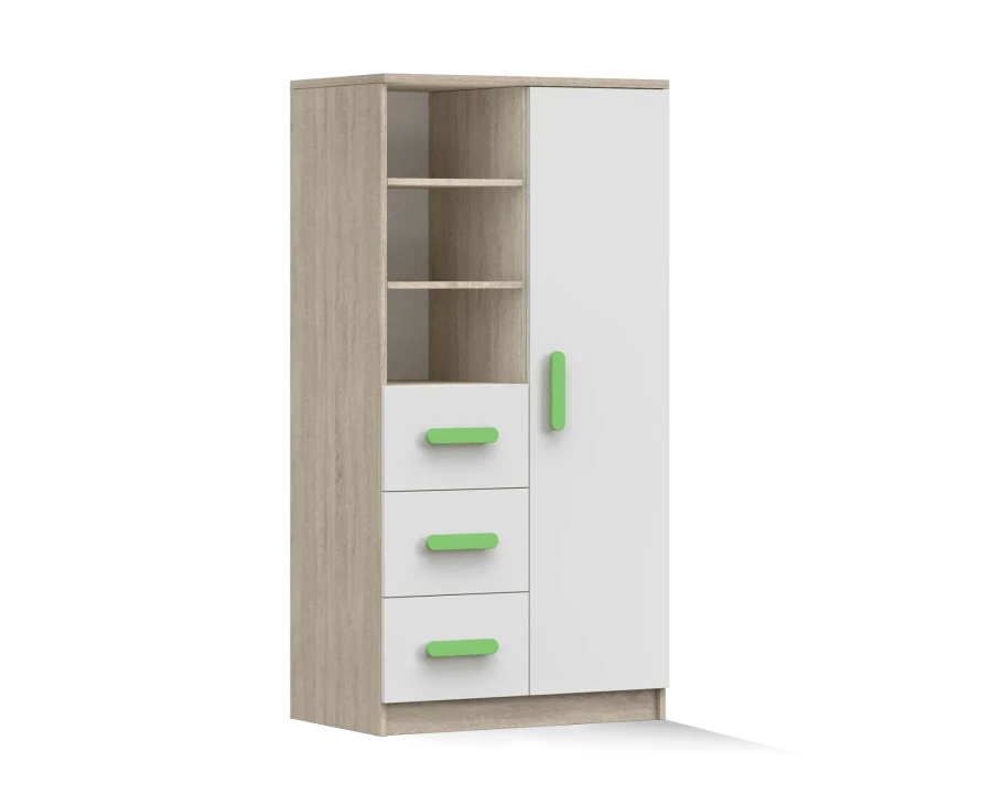 Kinderzimmerschrank Eiche-Optik Weiß mit grünen Griffen, 3 Schubladen und offenen Fächern.