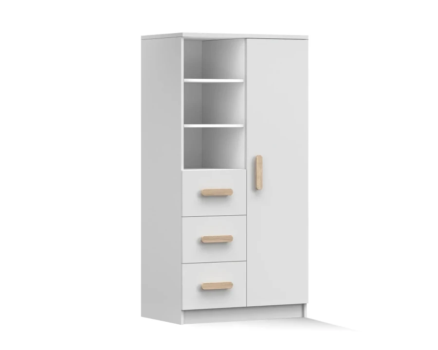 Weißer Kinderzimmerschrank mit Griffen in Holz-Optik, 3 Schubladen und offenen Regalfächern.