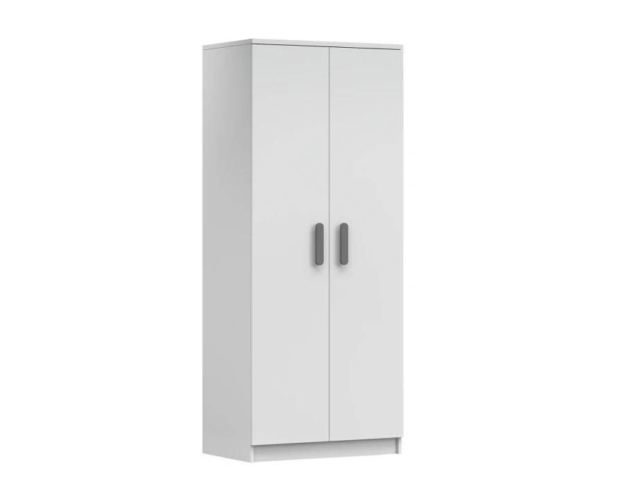 Weißer 2-türiger Kleiderschrank mit grauen Griffen im modernen, minimalistischen Stil.