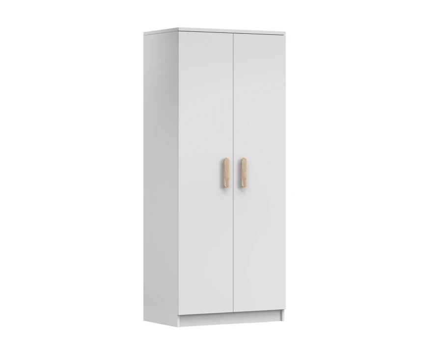Moderner Kleiderschrank weiß 2-türig mit Holzgriffen, ideal für Schlaf- oder Kinderzimmer.
