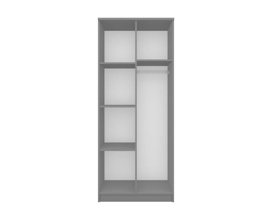 Kleiderschrank Innenansicht grau mit Kleiderstange und praktischen Ablagefächern für Kleidung.