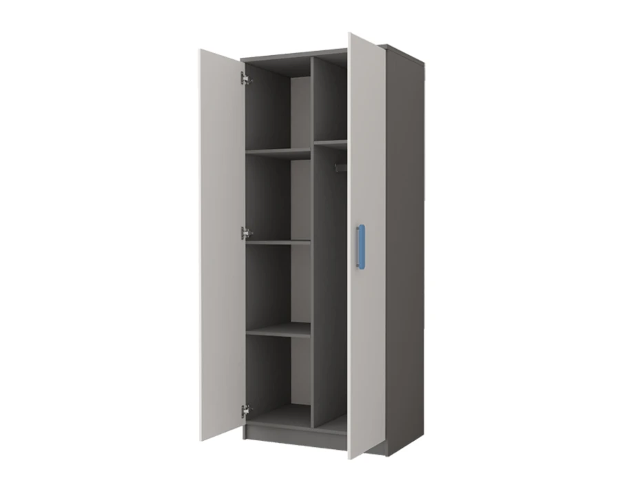 Offener Kleiderschrank grau weiß mit blauen Griffen und funktionaler Inneneinteilung.