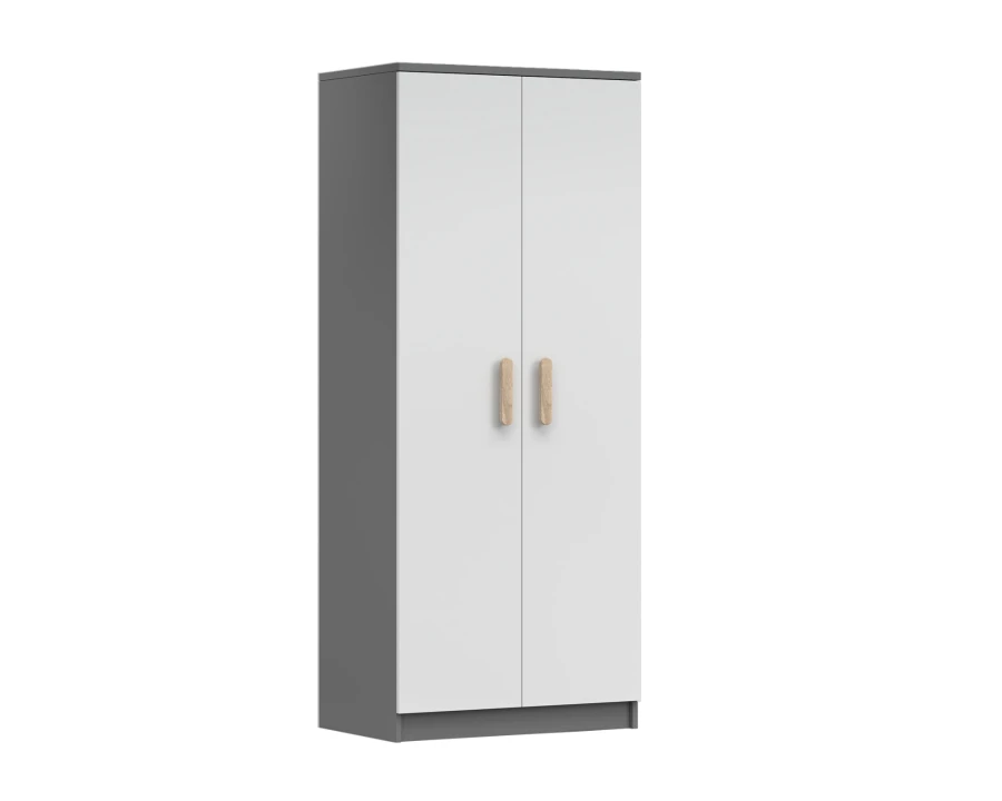 Zweitüriger Kleiderschrank grau weiß mit Holzgriffen im skandinavischen Design.