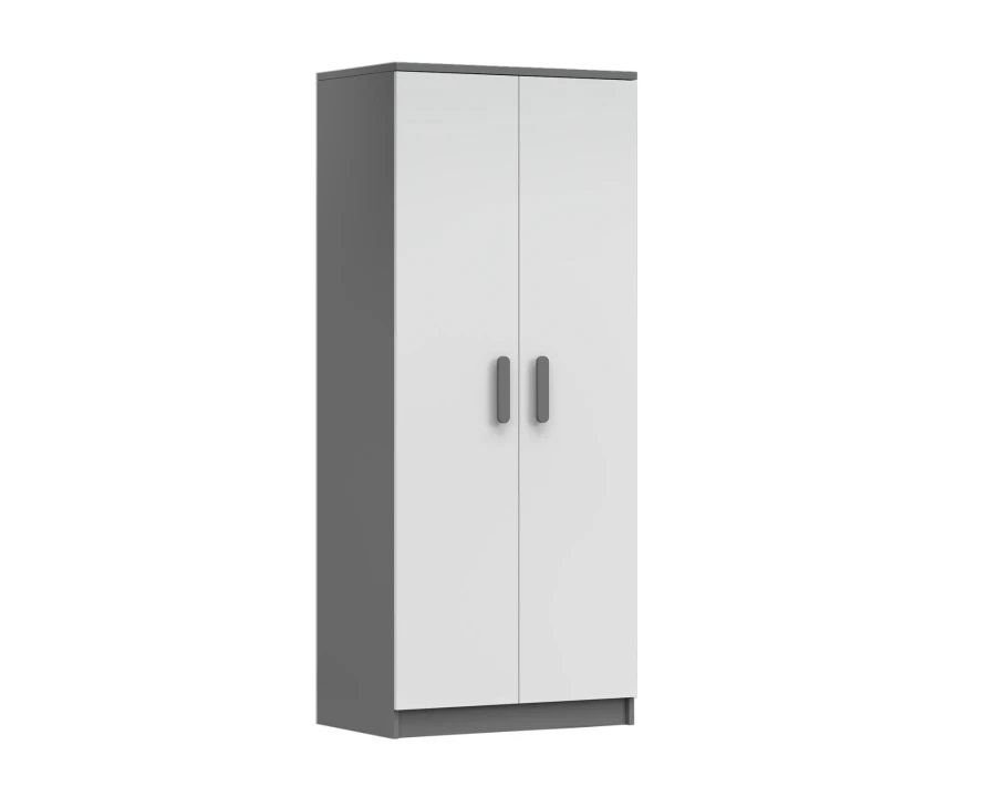Moderner Kleiderschrank zweitürig, Korpus Grau, Front Weiß, graue Griffe.