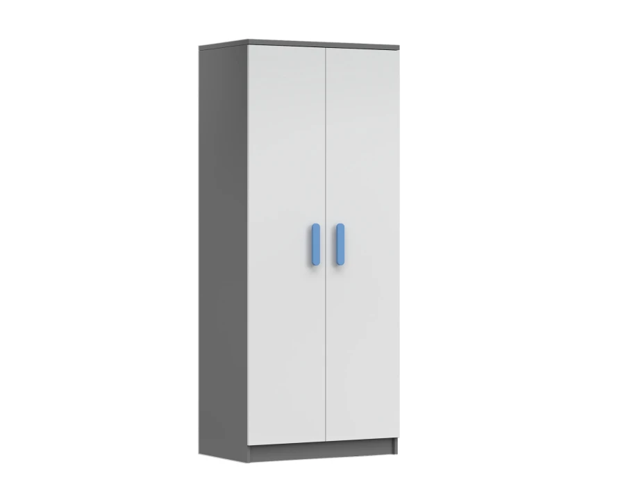 Zweitüriger Kleiderschrank in Grau und Weiß mit blauen Griffen.