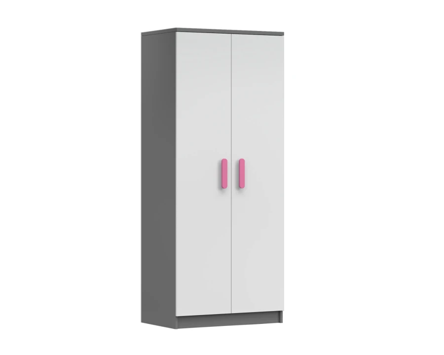 Moderner Kinderkleiderschrank in Grau-Weiß mit auffälligen rosa Griffen.