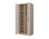 Offener Kleiderschrank in Eiche und Weiß mit Regalfächern, Kleiderstange und grünem Griff.