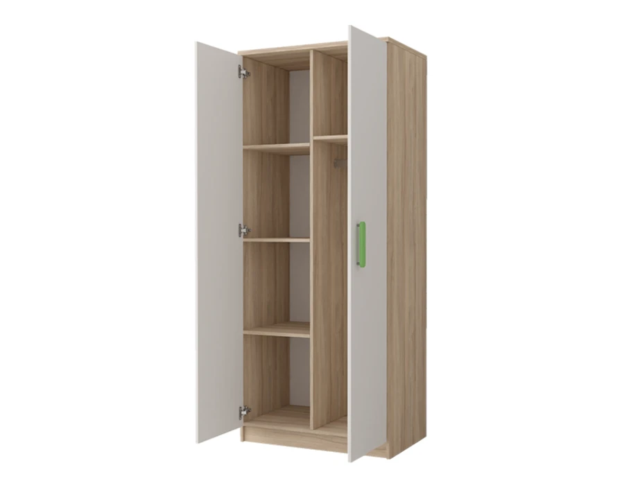 Offener Kleiderschrank in Eiche und Weiß mit Regalfächern, Kleiderstange und grünem Griff.