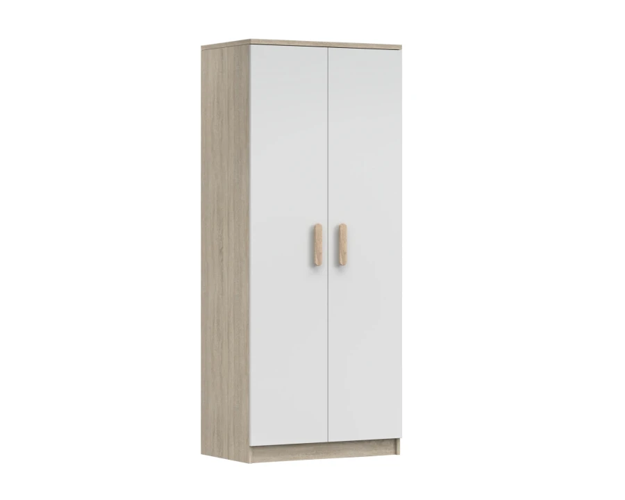 Geschlossener Kleiderschrank in Eiche-Optik mit weißen Türen und hölzernen Griffen.