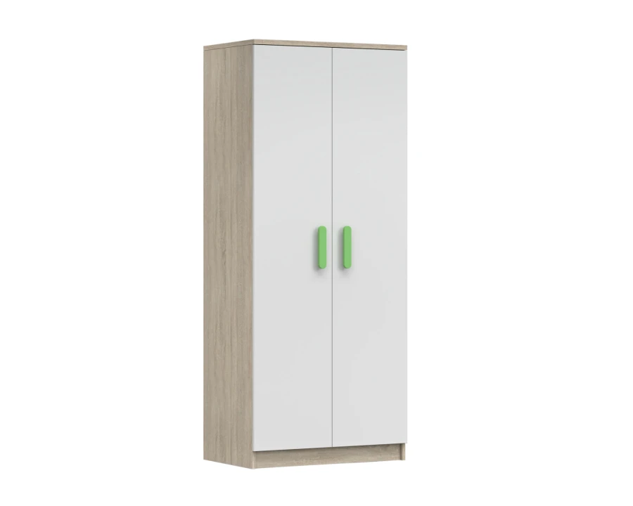 Zweitüriger Kleiderschrank in Eiche und Weiß mit modernen grünen Griffen.