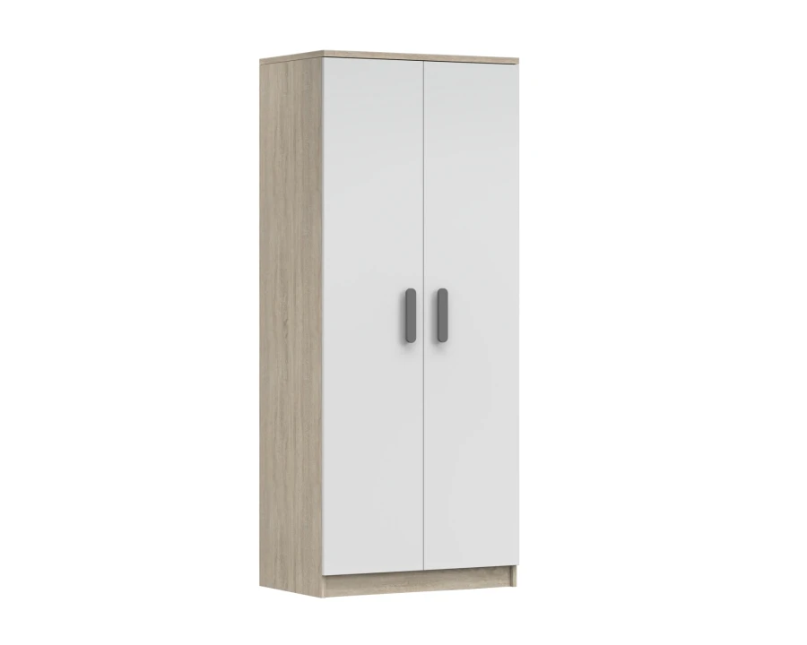 Schmaler Kleiderschrank in Eiche-Nachbildung mit weißen Fronten und grauen Griffen.