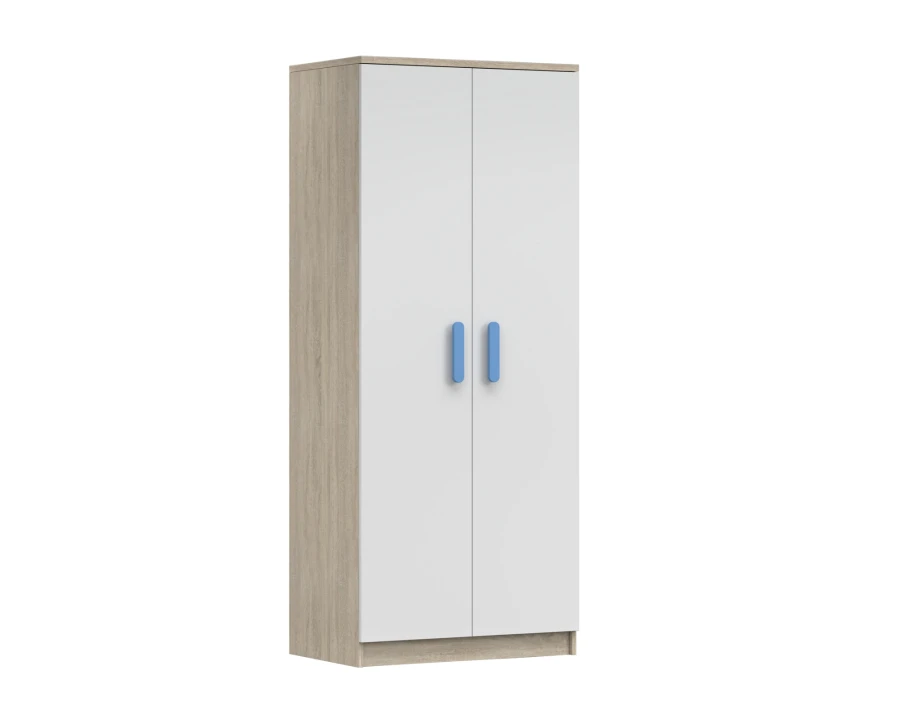 Moderner Kleiderschrank in Eiche und Weiß mit blauen Griffen für Kinderzimmer.
