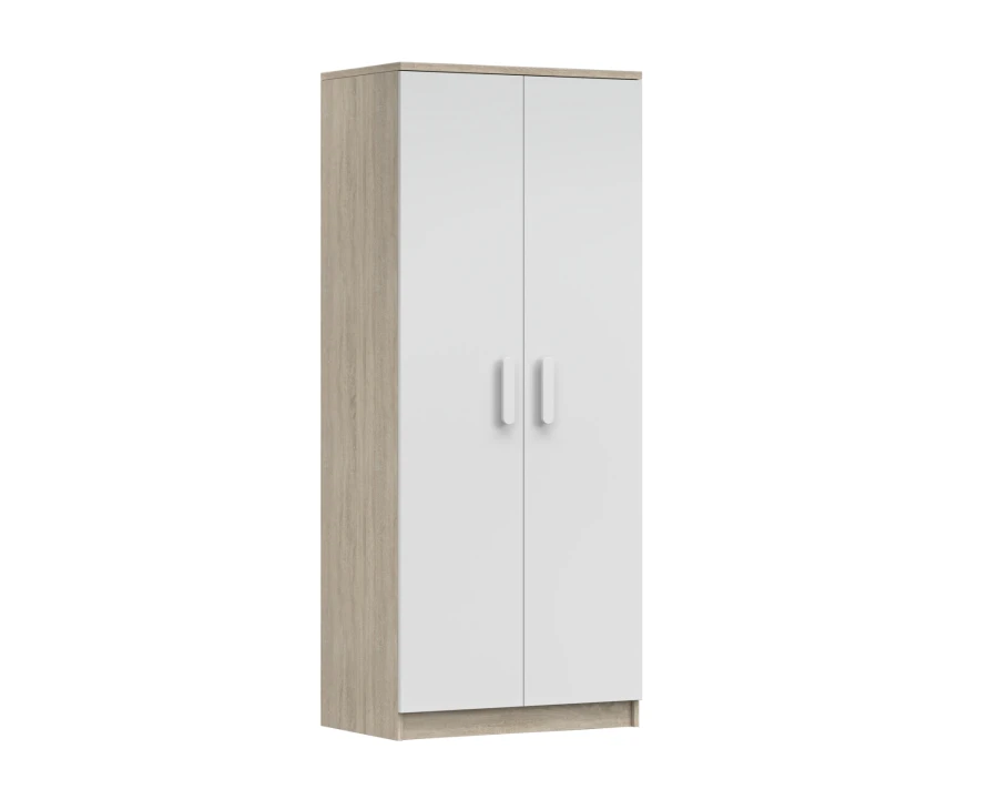 Zweitüriger Kleiderschrank in Weiß und Eiche-Optik mit weißen Griffen für das Kinderzimmer.