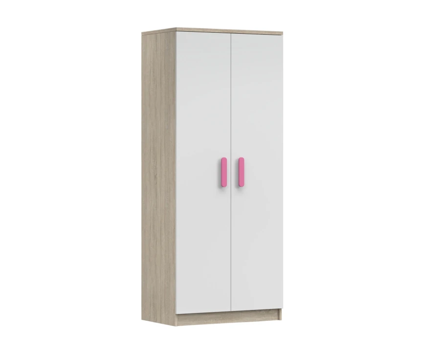 Moderner Kleiderschrank in Weiß und Eiche-Nachbildung mit pinken Griffen.